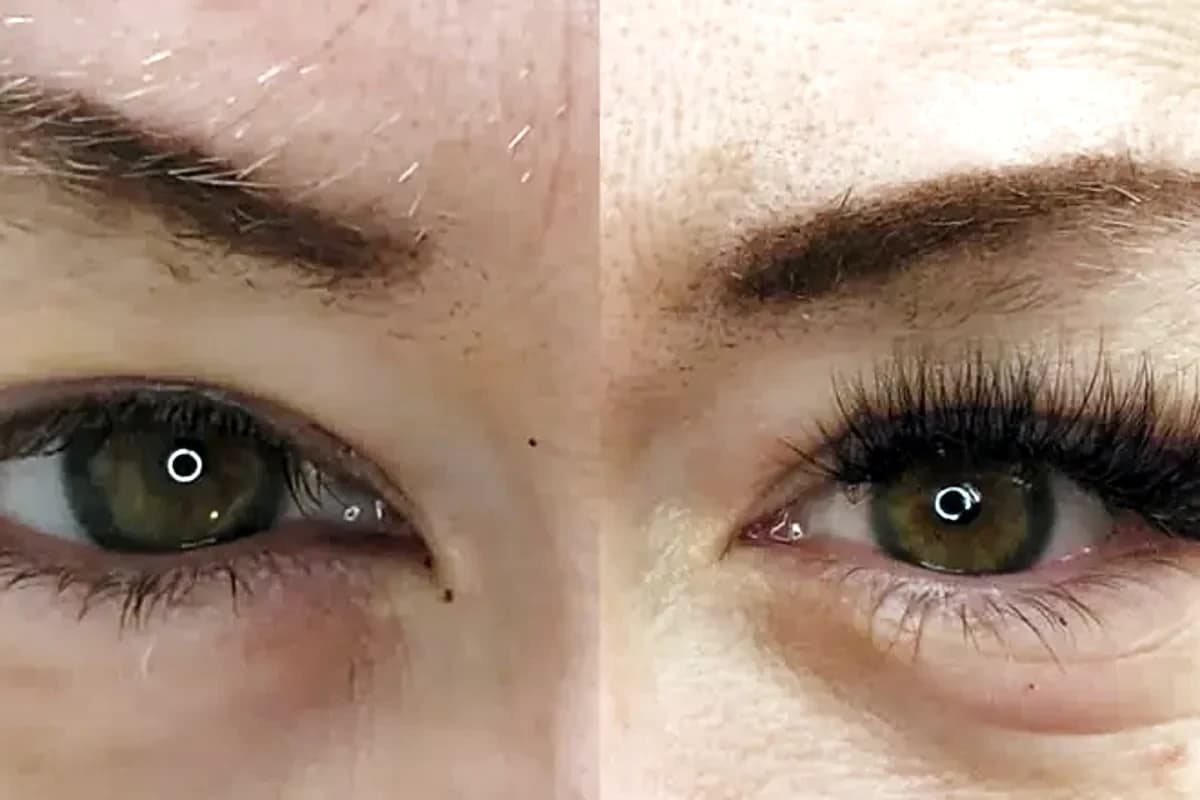 Before and after of the same client's eyes and brows: natural lashes on the left, extensions on the right