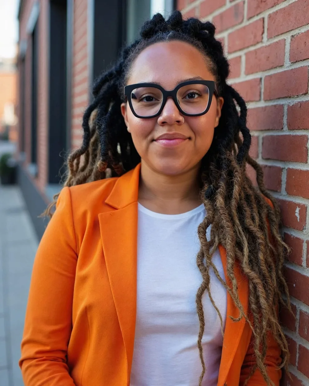 Desiree in an orange blazer, smiling against a brick wall