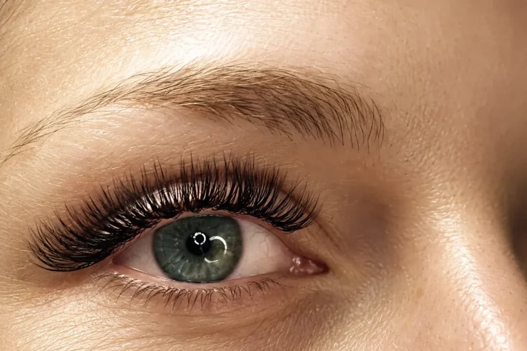 A full set of dark lash extensions on an open green eye, under a soft, brushed brow