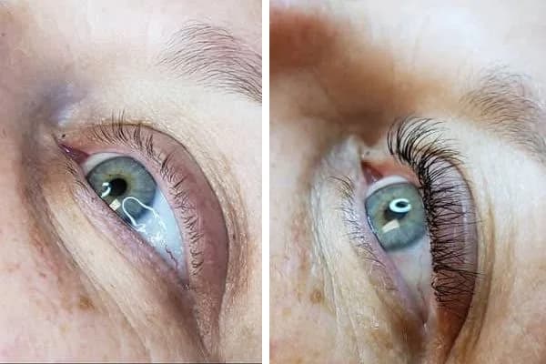 The same client's eye twice: short, pale natural lashes on the left, then a full, dark set of lash extensions on the right