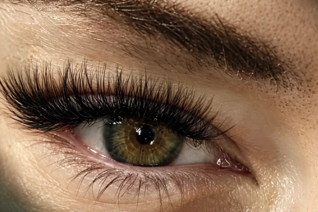 One eye after a brow and lash appointment: a full, dark set of lash extensions under a defined brow, in a slant of warm light