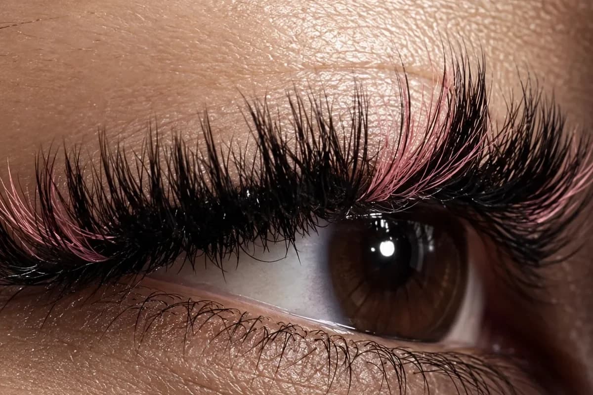 A finished, fluffy set of black lash extensions with soft pink accent lashes, close up on an open brown eye