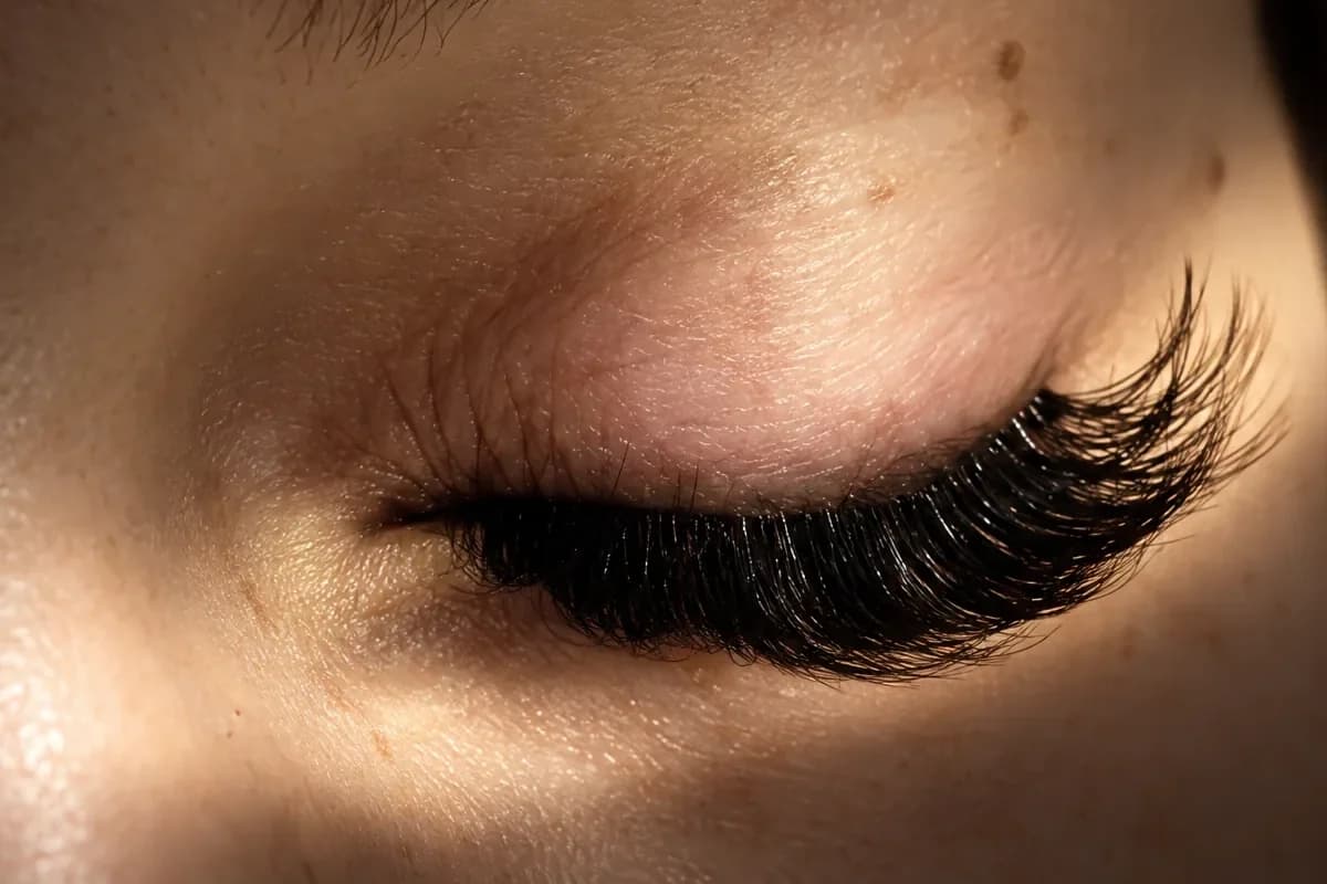 A closed eye with a finished set of dark lash extensions, close on the lash line, in warm light