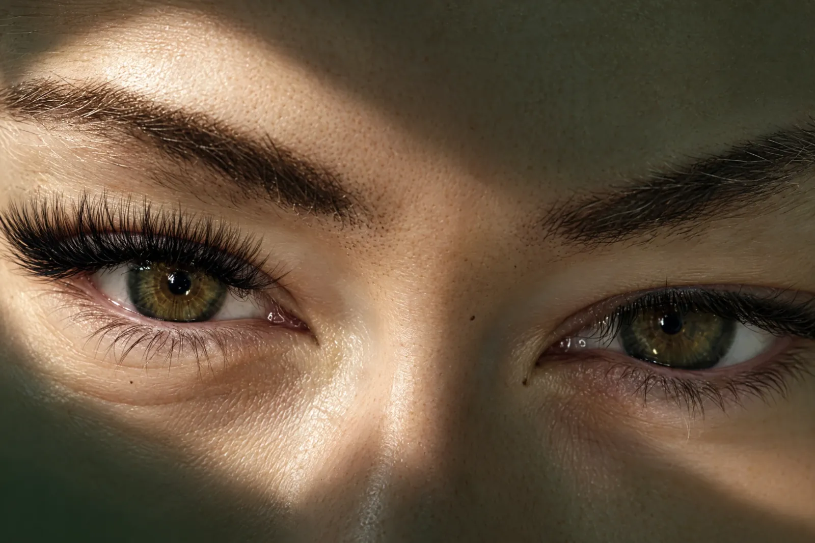 Dark, full brows and lash extensions on hazel eyes, crossed by a slant of warm light