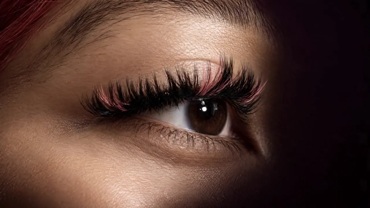 A fluffy black lash set with soft pink accent lashes on an open brown eye, against a dark background