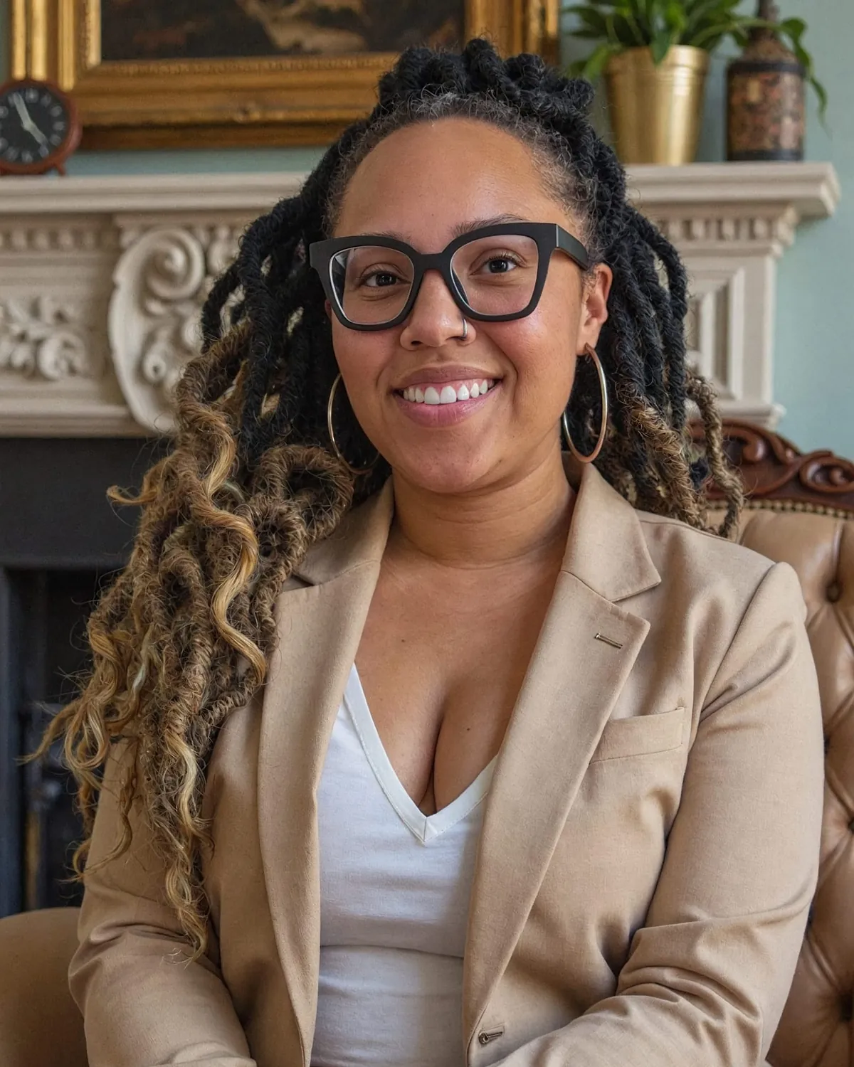 Desiree, the lash and brow artist at Central Oasis, in glasses and a beige blazer, seated by a carved fireplace