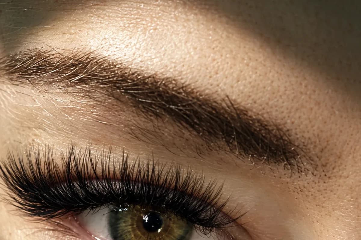 A full, dark brow with a soft, defined arch above a hazel eye with lash extensions, in warm light