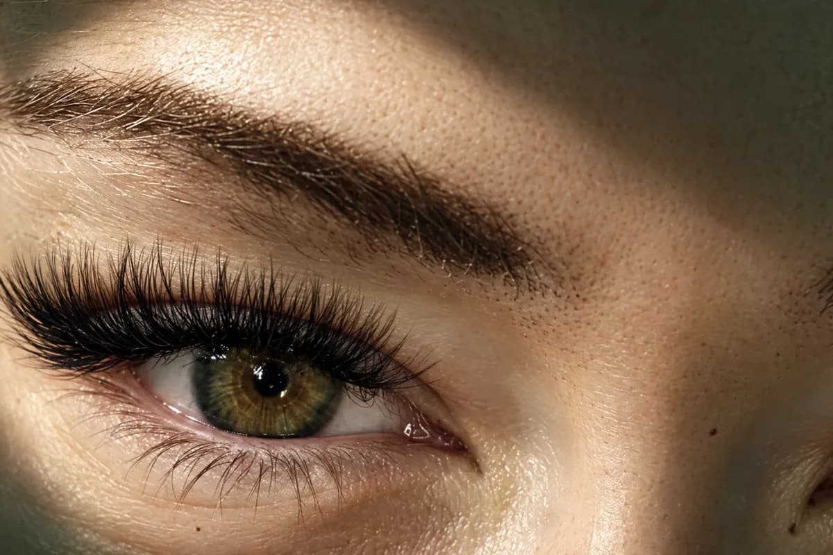 A dark, defined brow with a clean, shaped arch above a hazel eye with lash extensions, in a slant of warm light