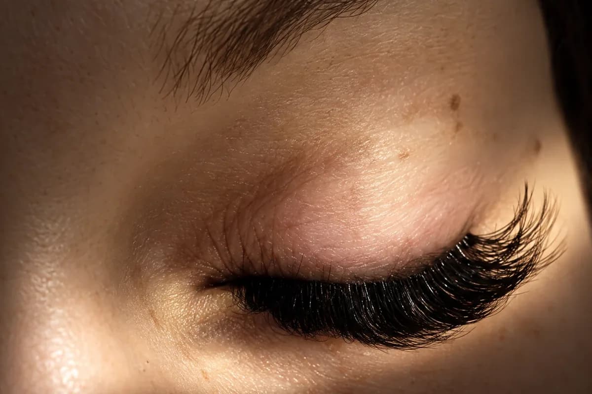 One closed eye with a finished set of dark lash extensions under a soft brow, lit by a band of warm light