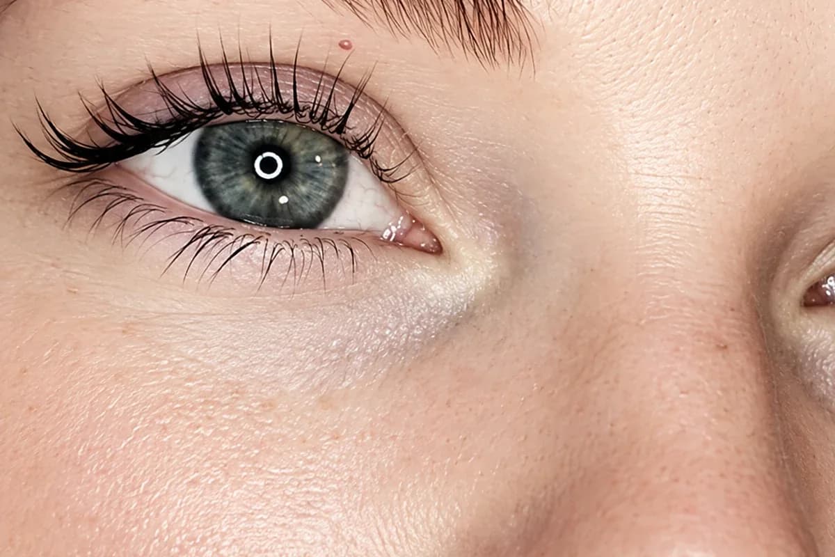 Natural lashes darkened from root to tip, top and lower lashes, on an open grey-green eye; from a lash lift and tint
