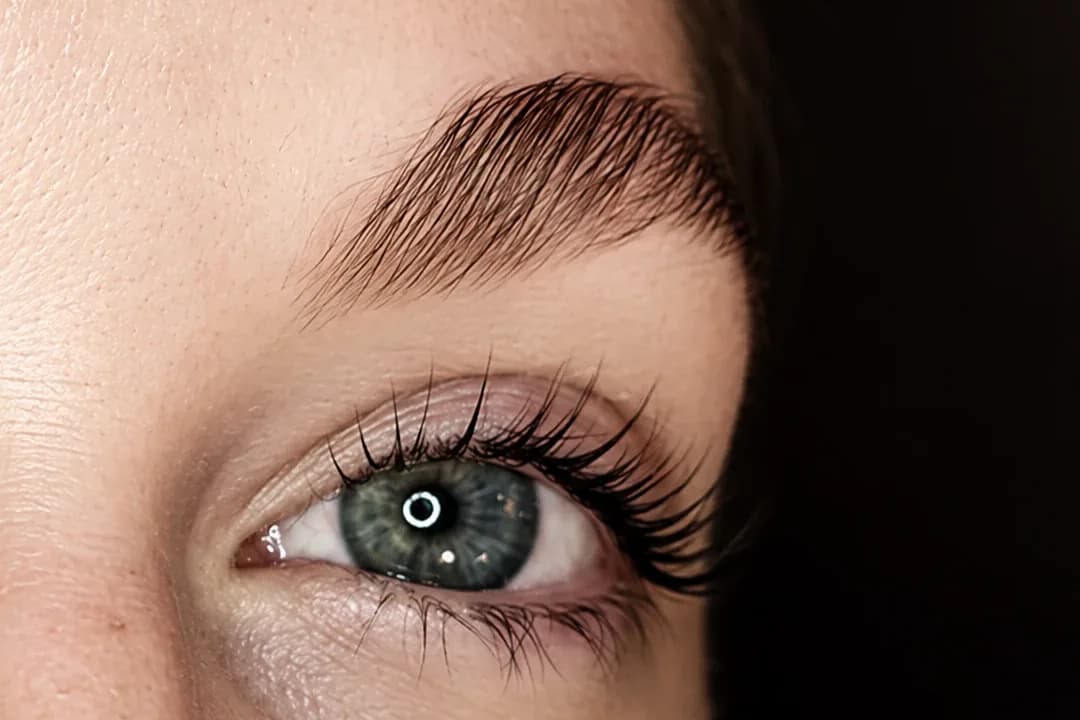 A client's own lashes, lifted and curled up from the root, on an open green eye under a brushed-up, feathered brow